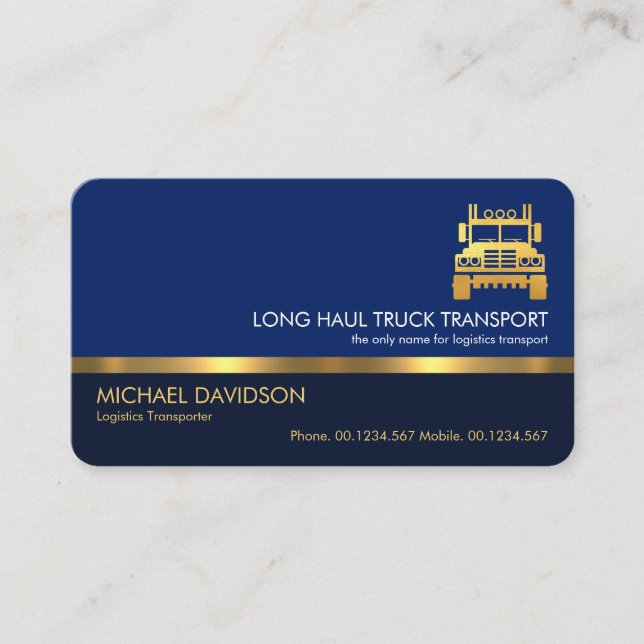 Stylish Professional Blue Layers Gold Line Truck Business Card (Front)