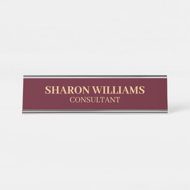 Stylish Professional Burgundy Red & Gold Minimal Desk Name Plate (Front)