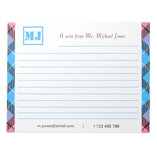 Stylish Professional Monogram Script Tartan Lined Notepad (Front)