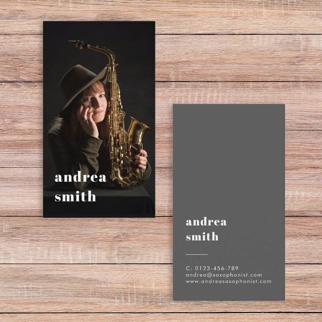 Stylish Professional Musician Photo Minimal Grey Business Card (Creator Uploaded)