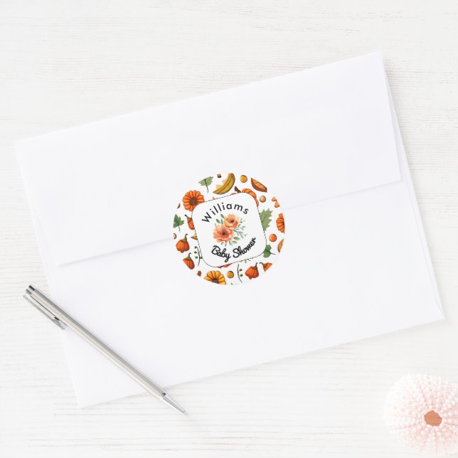 Stylish Pumpkin Floral Fall Baby Shower Classic Round Sticker (Envelope)