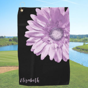 Stylish purple and black daisy custom name floral golf towel