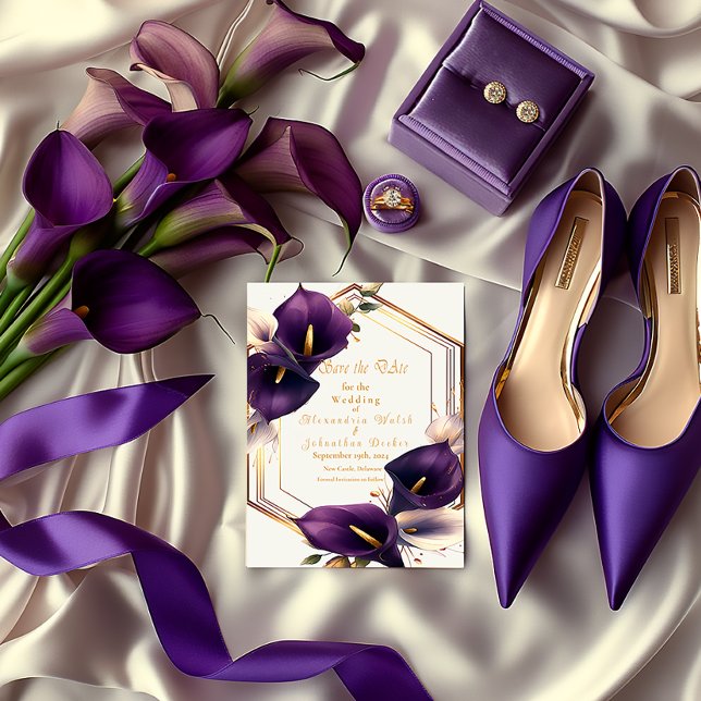 Stylish Purple and Gold Calla Lily Wedding  RSVP Card (Purple Calla Lily Save the Date Wedding Enclosure Card)