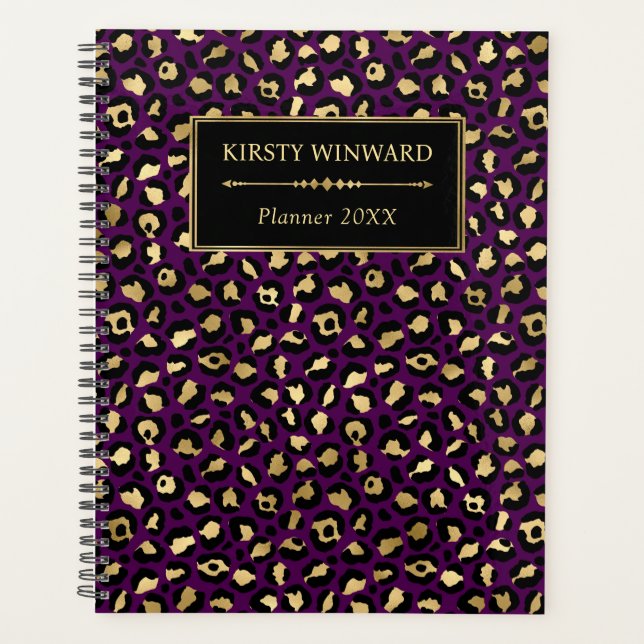 Stylish Purple and Gold Faux Foil Leopard Spots Planner (Front)