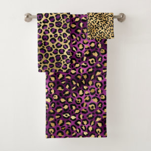 Stylish Purple and Gold Foil Leopard Spots Bath Towel Set