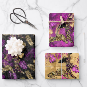 Stylish Purple and gold leopard and woman safari Wrapping Paper Sheet