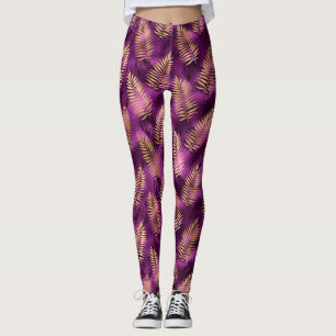 Stylish Purple and Gold Tropical Jungle Leaves Leggings