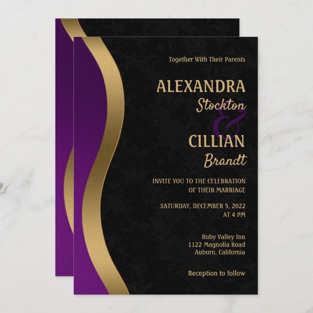 Stylish Purple and Gold Wedding Invitation (Front/Back)
