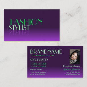 Stylish Purple and Green Mirror Font with Photo Business Card