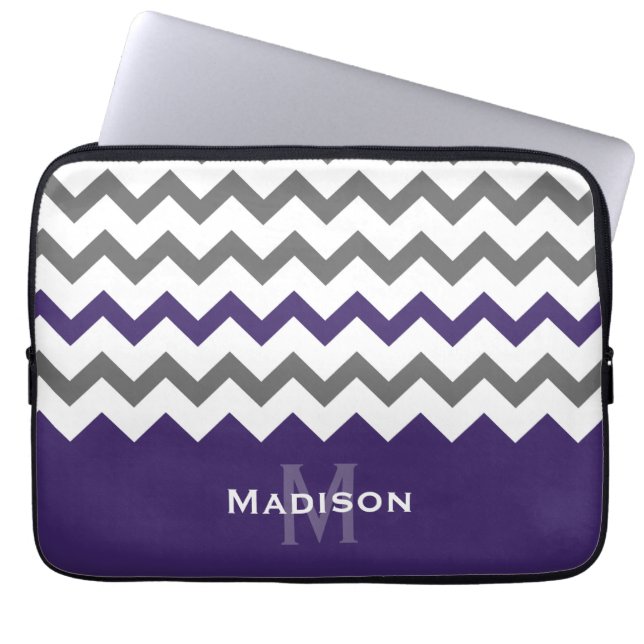 Stylish Purple and Grey Chevron Pattern Laptop Sleeve (Front)