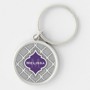 Stylish Purple and Grey Moroccan Tile Pattern Key Ring