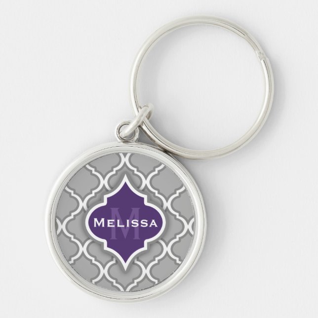 Stylish Purple and Grey Moroccan Tile Pattern Key Ring (Front)