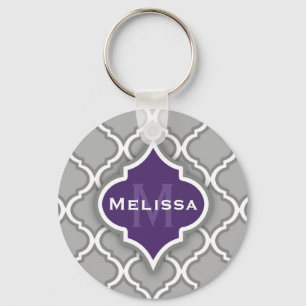 Stylish Purple and Grey Moroccan Tile Pattern Key Ring