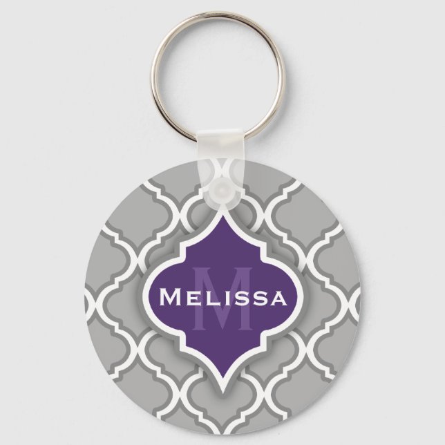 Stylish Purple and Grey Moroccan Tile Pattern Key Ring (Front)