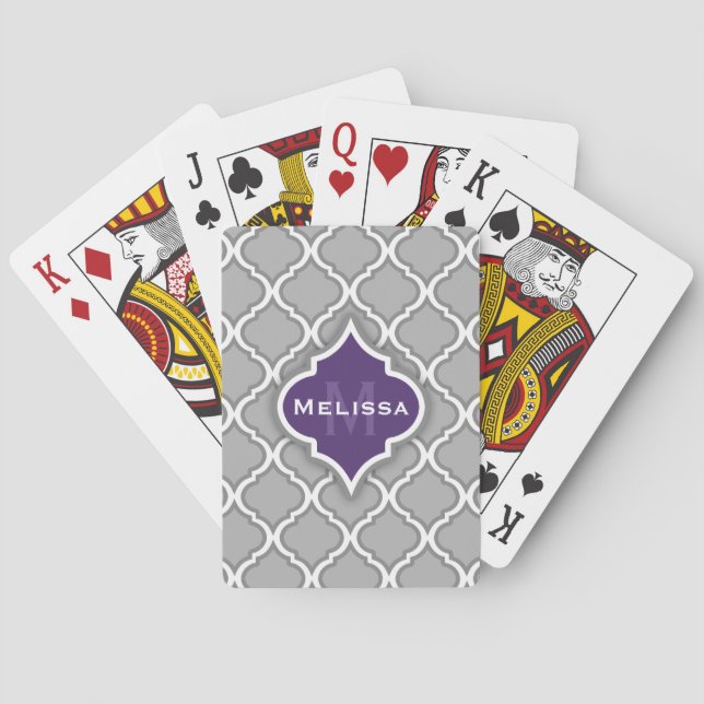 Stylish Purple and Grey Moroccan Tile Pattern Playing Cards (Back)