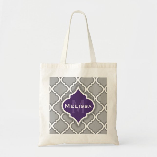 Stylish Purple and Grey Moroccan Tile Pattern Tote Bag (Front)