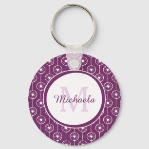 Stylish Purple and White Hearts Monogram and Name Key Ring