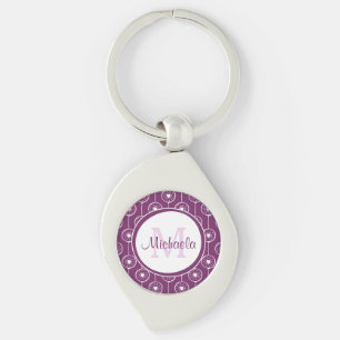 Stylish Purple and White Hearts Monogram With Name Key Ring