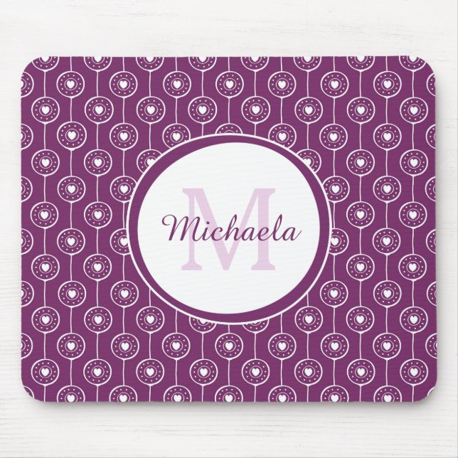 Stylish Purple and White Hearts Monogram With Name Mouse Pad (Front)
