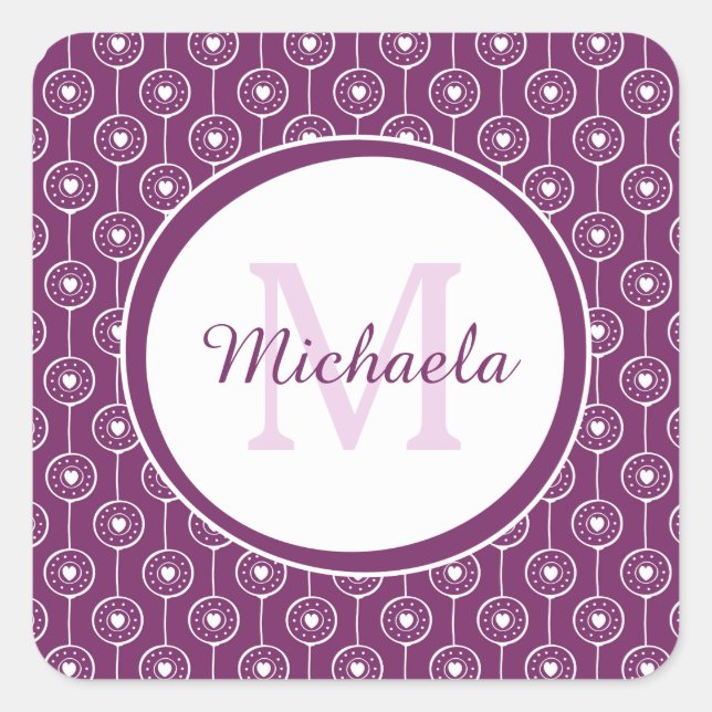Stylish Purple and White Hearts Monogram With Name Square Sticker (Front)