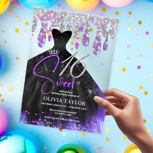 Stylish purple black dress sweet 16 monogram  acrylic invitations (Creator Uploaded)