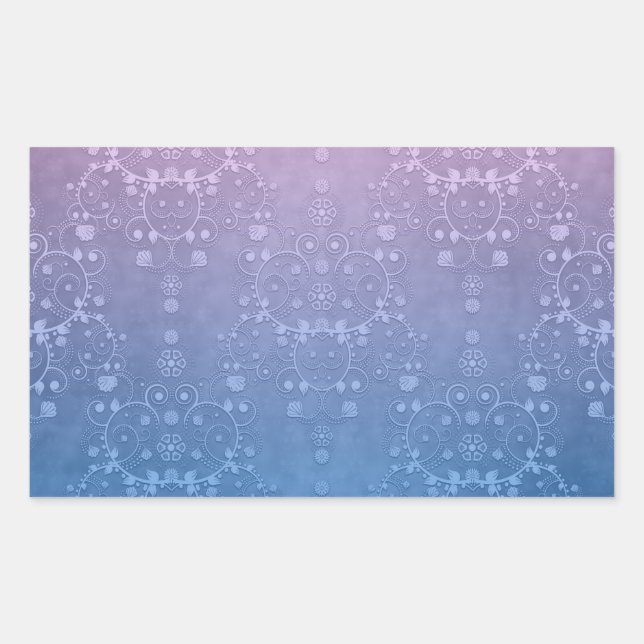 Stylish Purple Blue Floral Damask Pattern Rectangular Sticker (Front)