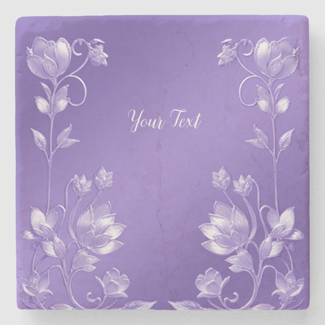 Stylish Purple Floral Stone Coaster (Front)