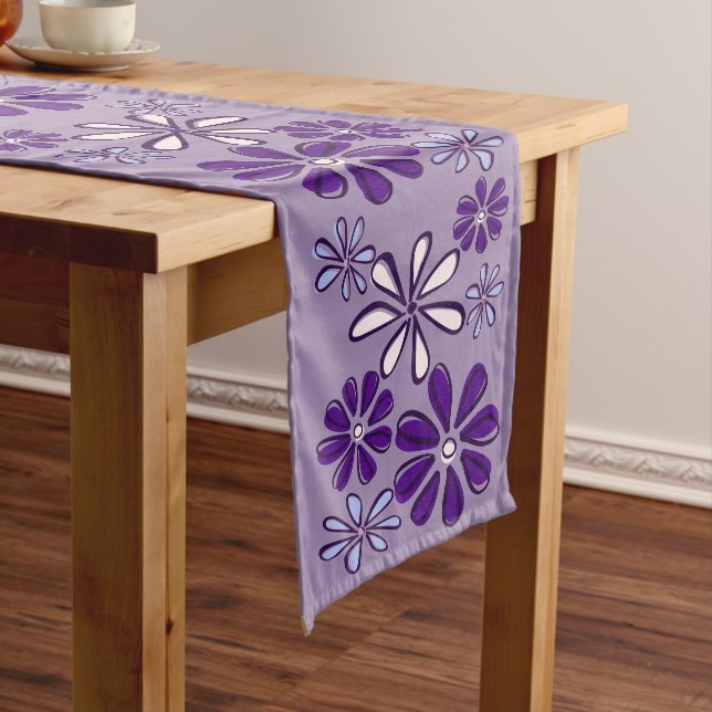 Stylish Purple Flower Doodle Short Table Runner (In Situ)