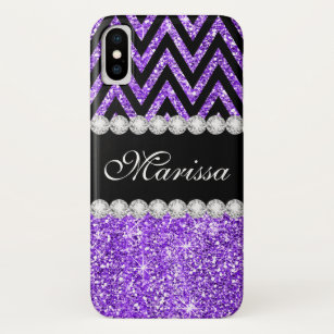 Stylish Purple Glitter Black Chevrons Black Case-Mate iPhone Case