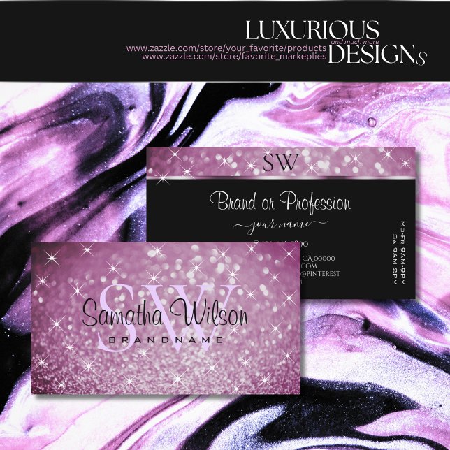 Stylish Purple Glitter Luminous Stars and Initials Business Card (Creator Uploaded)