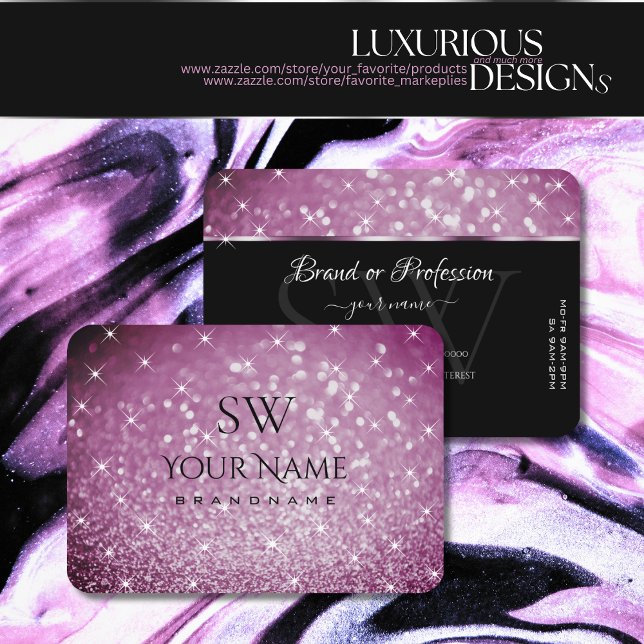 Stylish Purple Glitter Luminous Stars and Monogram Business Card (Creator Uploaded)