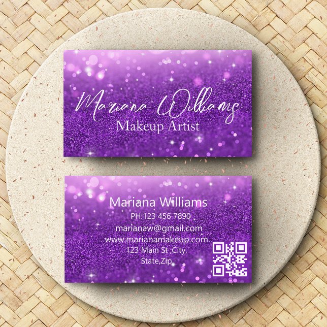 stylish purple glitters makeup artist qr code chic business card (Creator Uploaded)