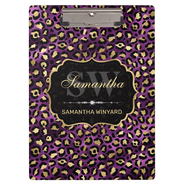 Stylish Purple & Gold Foil Leopard Spots Monogram Clipboard (Front)