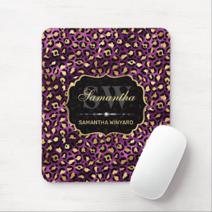 Stylish Purple & Gold Foil Leopard Spots Monogram Mouse Pad