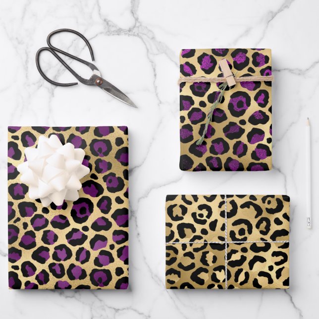 Stylish Purple & Gold Foil Leopard Spots Safari Wrapping Paper Sheet (Front)