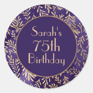 Stylish Purple Gold Leaves 75th Birthday Classic Round Sticker