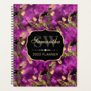 Stylish Purple & Gold Leopard & Woman Monogram Planner