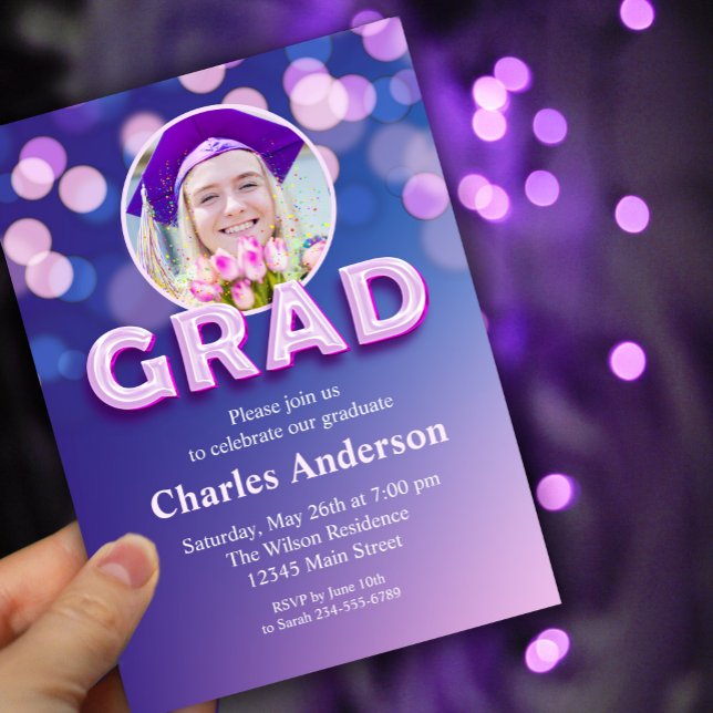 Stylish Purple Gradient Graduation Invitation (Celebrate in style! 🎓✨ A sleek purple gradient design with a bold 3D toucاh #PurpleTheme)