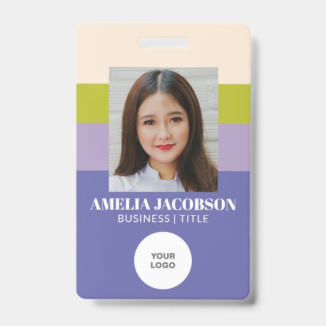 Stylish Purple Green Employee Photo ID and Logo  Badge (Front)