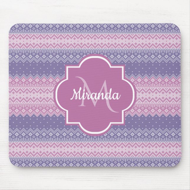 Stylish Purple Knit Pattern With Monogram and Name Mouse Pad (Front)