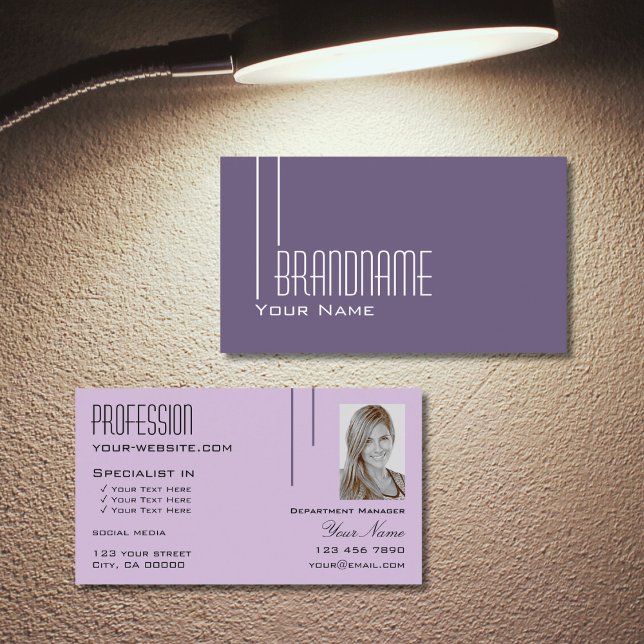 Stylish Purple Lilac Chic with Photo Professional Business Card (Creator Uploaded)