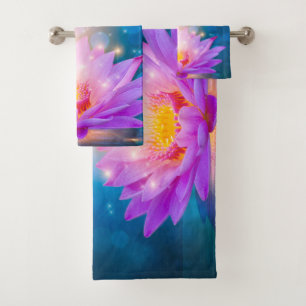 Stylish Purple Lotus Flower Blue,Landscape, Zen Bath Towel Set