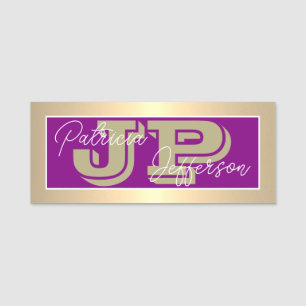 Stylish Purple Luxury Gold Monogram: Professional Name Tag