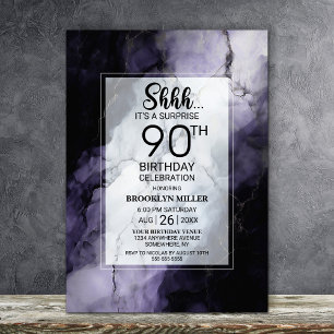 Stylish Purple Marble Surprise 90th Birthday Party Invitation