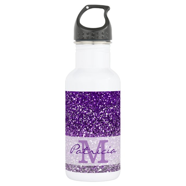 Stylish Purple Ombre Glitter Monogram Name 532 Ml Water Bottle (Front)
