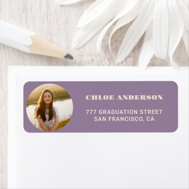 Stylish Purple Photo Graduation Return Address Label (Insitu)