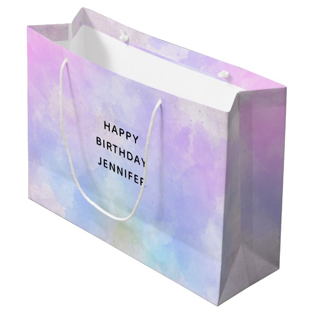 Stylish Purple Pink Blue Watercolor Birthday Large Gift Bag (Front Angled)
