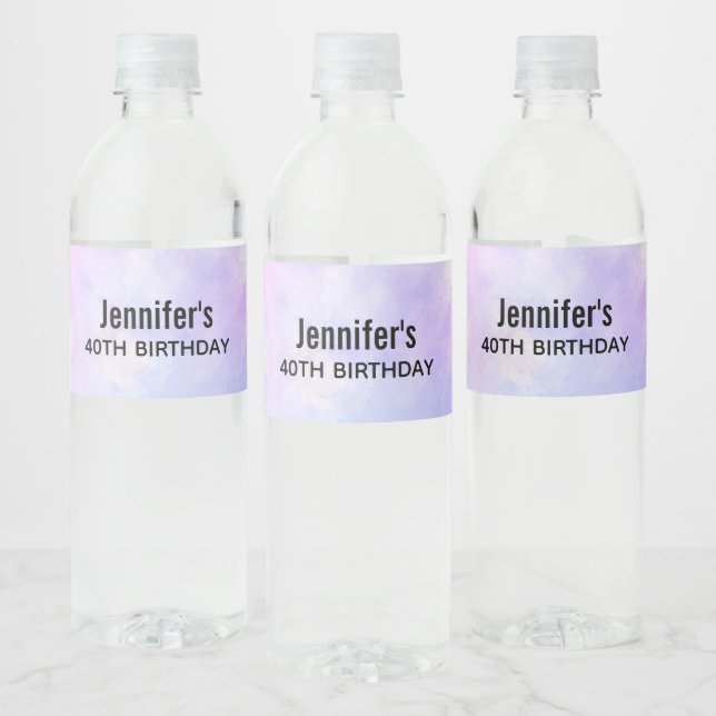 Stylish Purple Pink Blue Watercolor Birthday Water Bottle Label (Bottles)