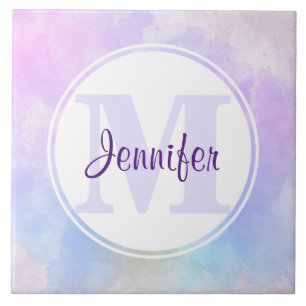 Stylish Purple Pink Blue Watercolor Monogram Ceramic Tile