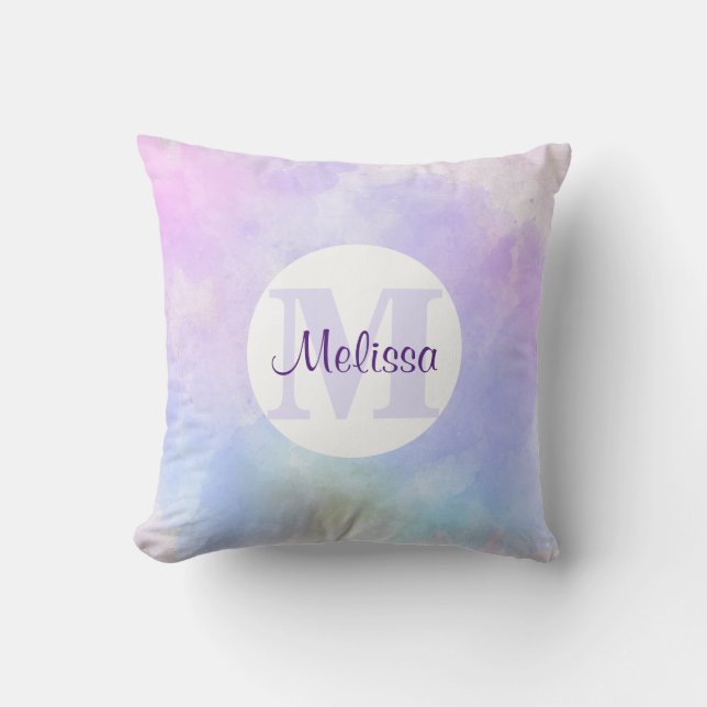 Stylish Purple Pink Blue Watercolor Monogram Cushion (Front)
